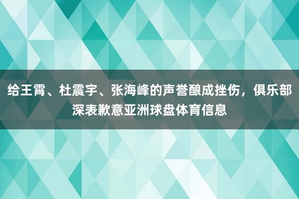 给王霄、杜震宇、张海峰的声誉酿成挫伤，俱乐部深表歉意亚洲球盘体育信息